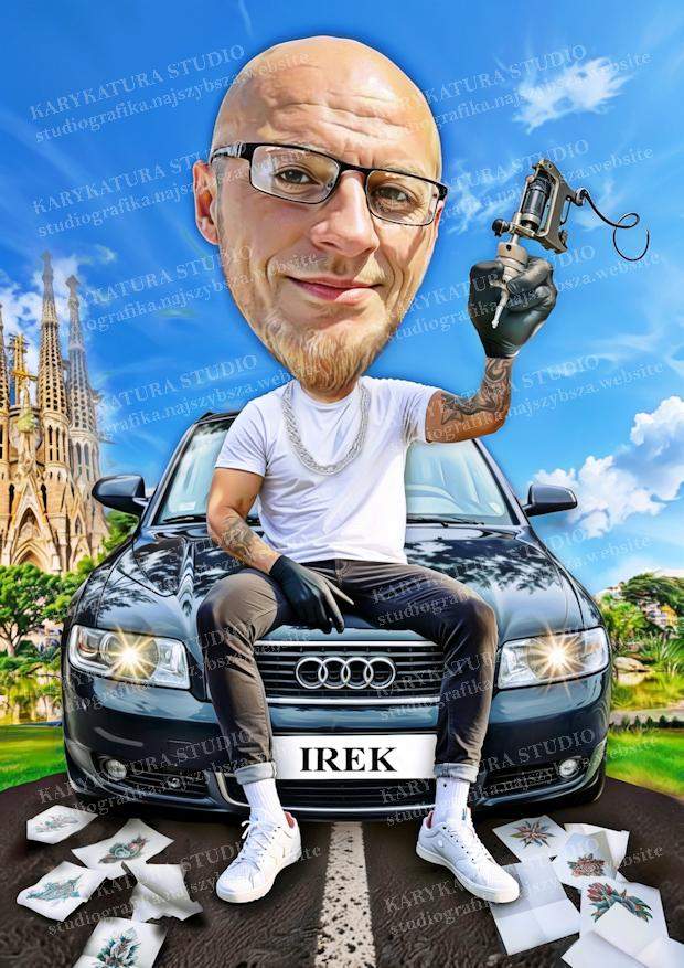 tatuaż, personalizowany portret ze zdjęcia,  karykatura audi irek prezent