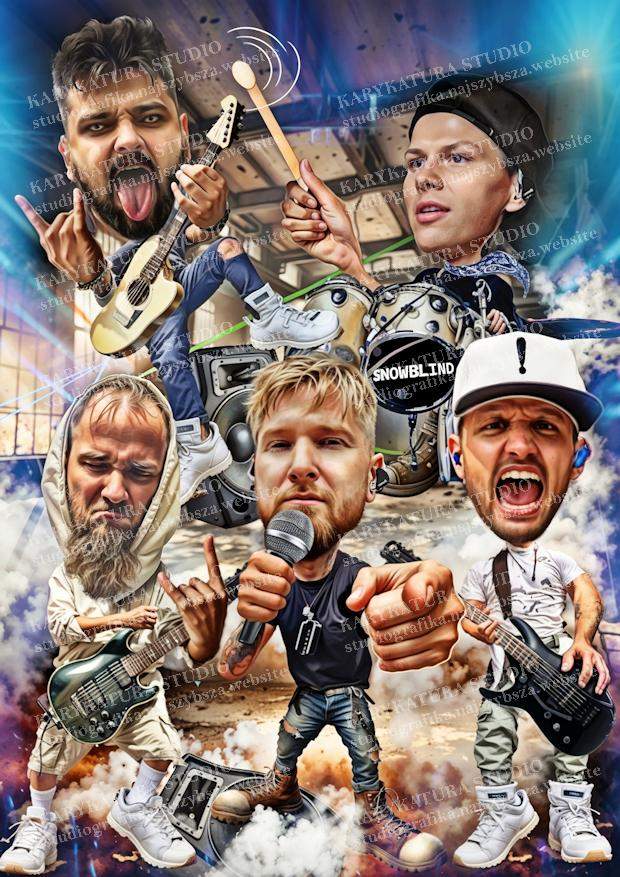 snowblind, karykatura na zamówienie, obraz na zamówienie,zespól,grafika,5oso