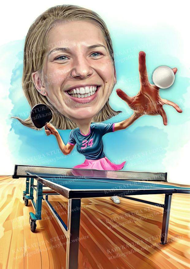 karykatura, tenis stołowy, dziewczyna