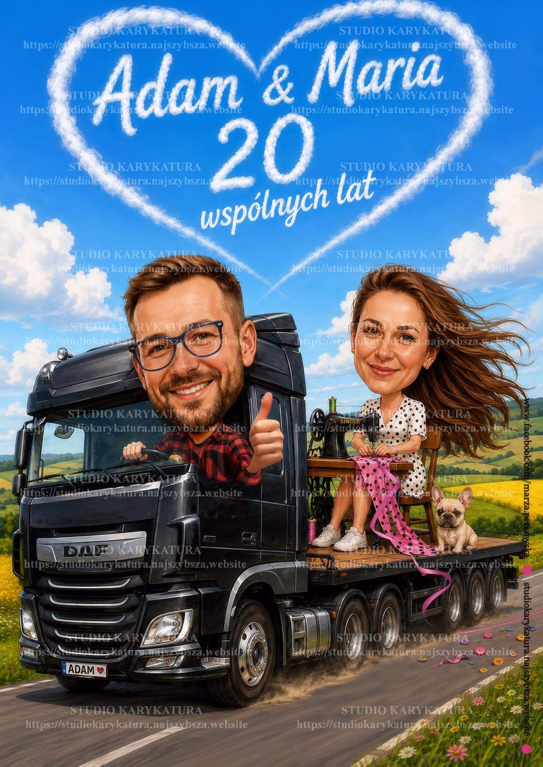 karykatura ze zdjecia, rocznica slubu prezent, zabawny prezent na rocznice slubu, mezczyzna jedzie tirem karytkatura, krawcowa, buldog, studio karykatura