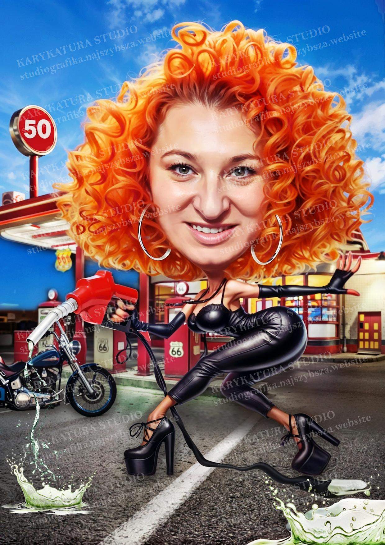 karykatura, portret na zamowienie, karykatura na zamówienie,rude loki, stacja benzynowa, prezent na urodziny karykatura, kobieta tankuje